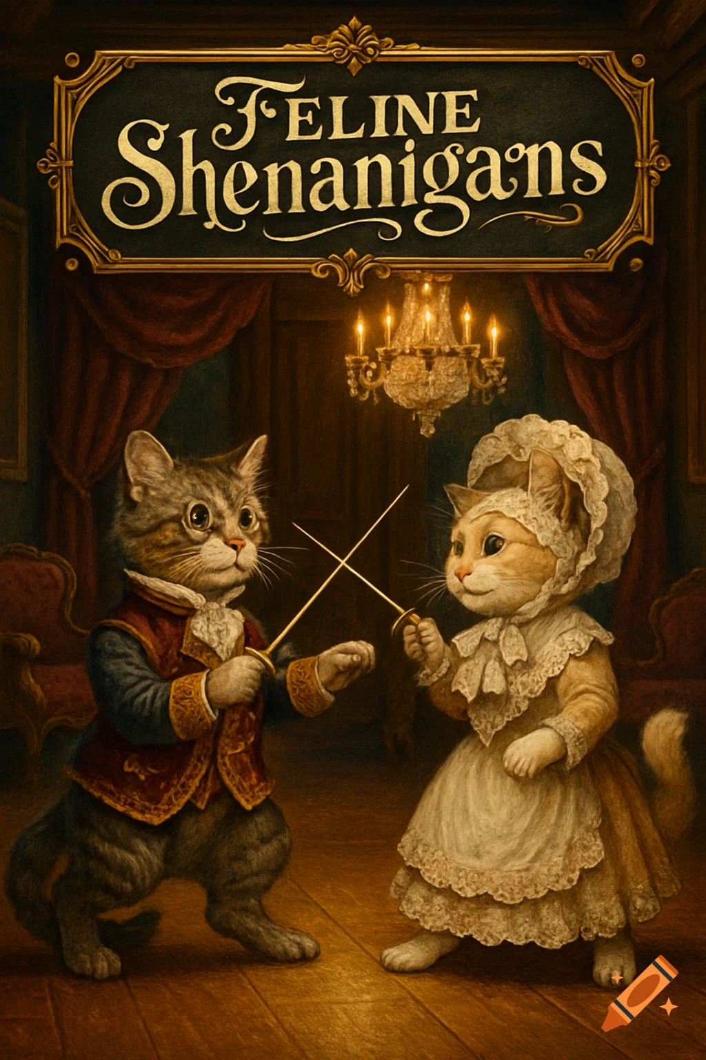 Two anthropomorphic cats in Victorian attire duel with foils in a grand room, under a sign reading 'Feline Shenanigans'.