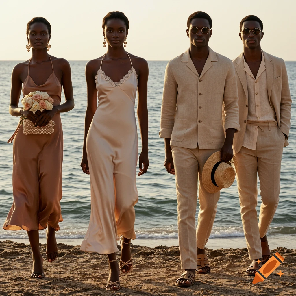 Four Black individuals, two women in slip dresses and two men in linen suits, walk on a sandy beach at golden hour.