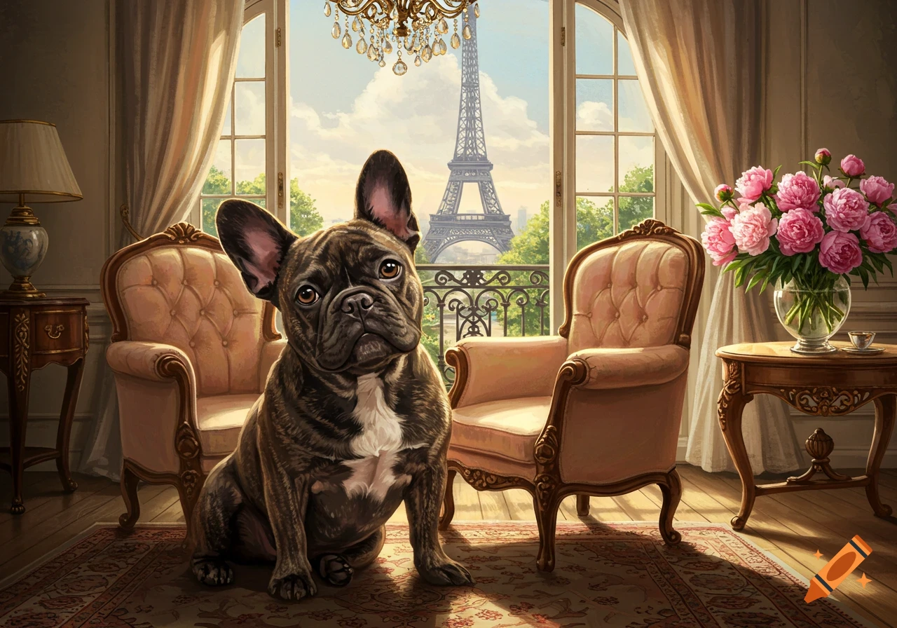 A brown French Bulldog sits on a rug in a fancy Parisian room with an Eiffel Tower view and pink peonies.