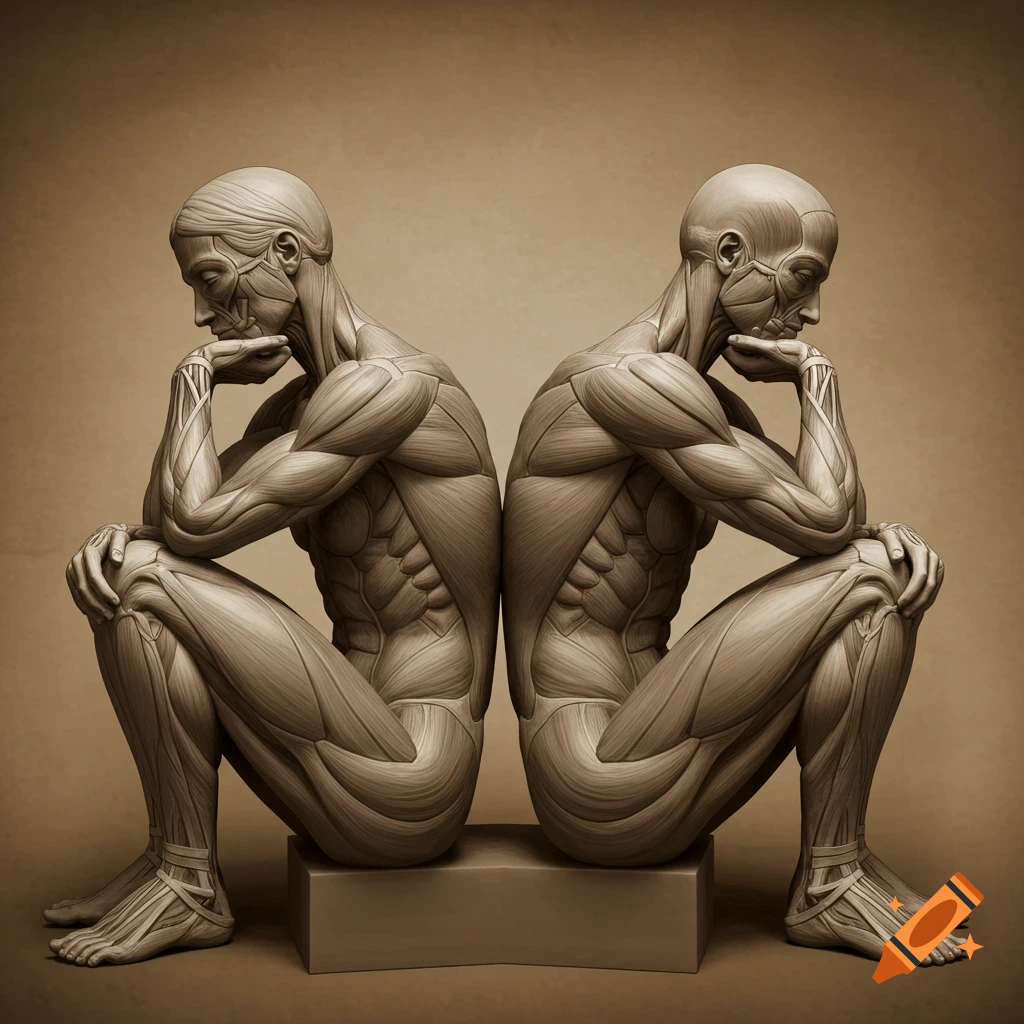 Sepia-toned anatomical figures, male and female, in contemplative poses, sitting back-to-back.
