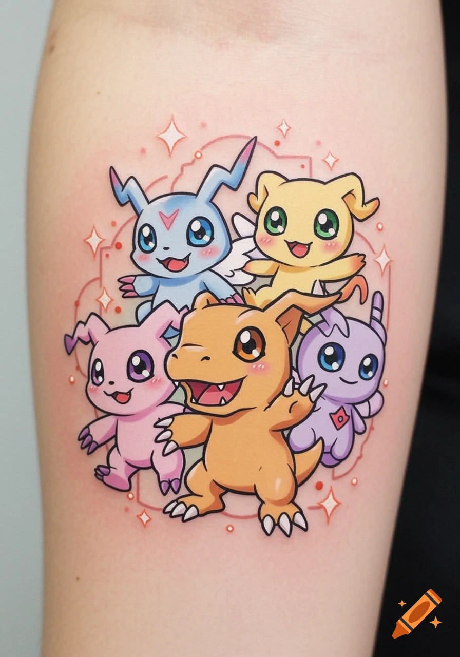 A colorful tattoo of five cute chibi Digimon characters on a person's arm, featuring V-mon, Patamon, Koromon, Poyomon, and Tokomon.