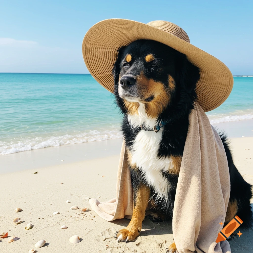 A black, brown, and white dog wearing a straw sun hat and wrapped in a towel sits on a sunny beach with the ocean in the background.