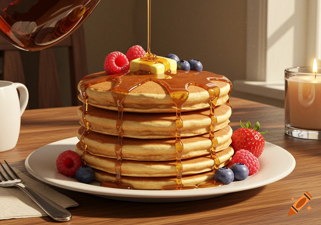 A stack of golden pancakes topped with melting butter, raspberries, blueberries, and maple syrup pouring over them.