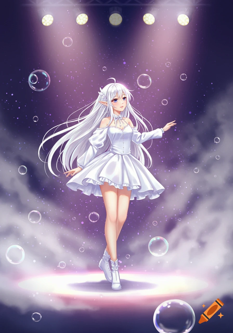 A white-haired anime girl with elf ears stands on a stage bathed in purple light and fog, surrounded by floating bubbles.
