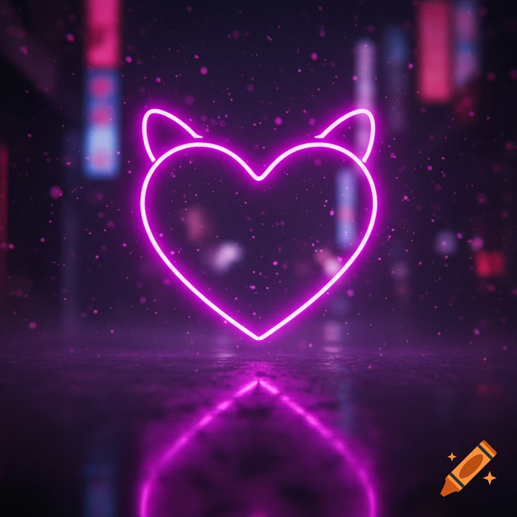 A glowing neon purple heart with pink cat ears on a reflective dark surface, surrounded by small glowing particles and blurred city lights in the background.