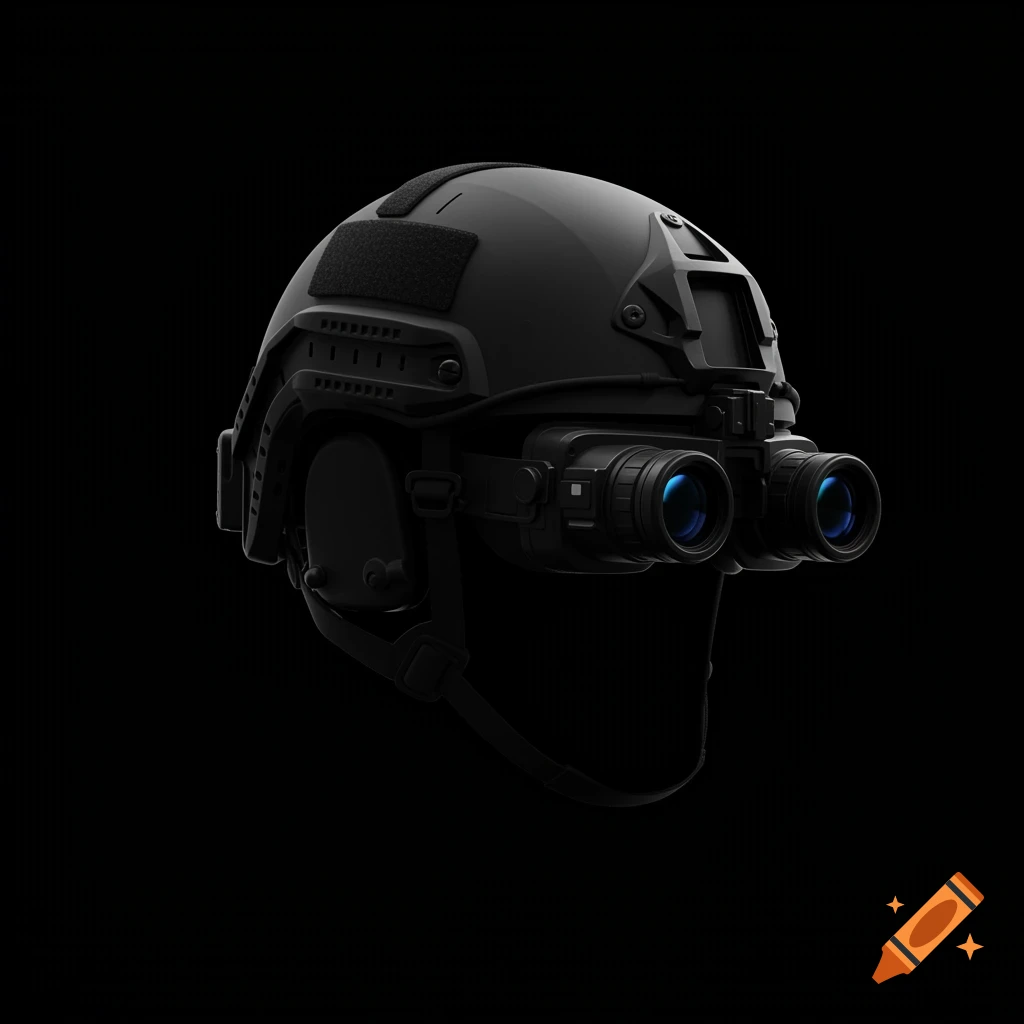 A black military helmet with night vision goggles attached, against a black background.