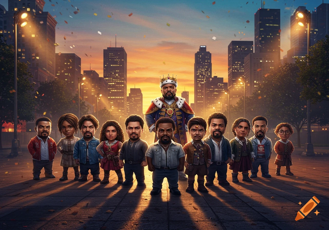 A stylized image of a king in royal attire standing behind a diverse group of eleven people with exaggerated heads, in a city street at sunset with confetti falling.