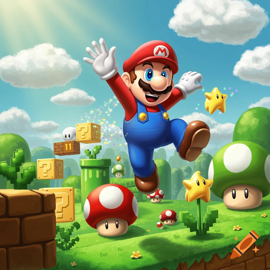 Mario jumps with outstretched arms in a vibrant, stylized video game landscape with question blocks, mushrooms, and stars.