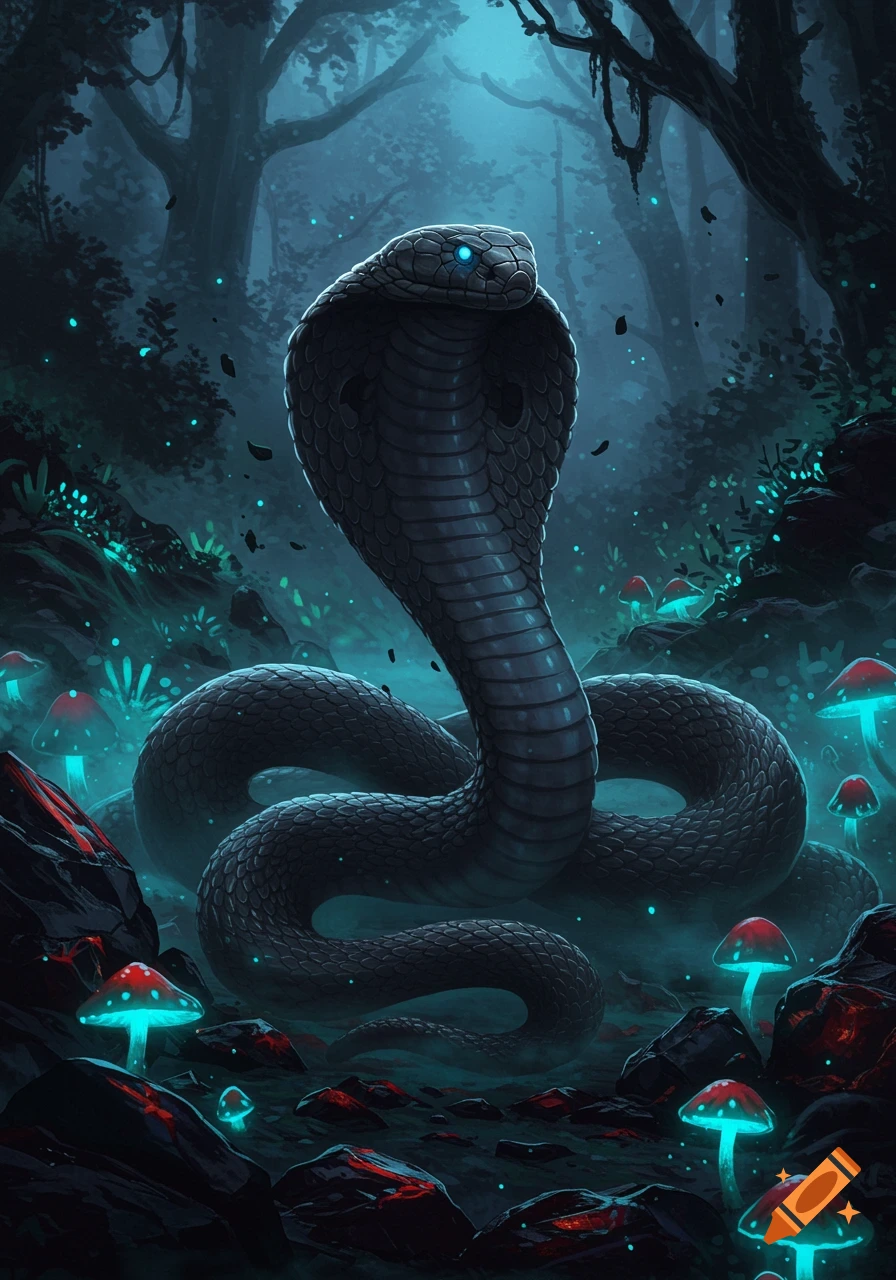A large black fantasy cobra with glowing blue eyes in a mystical, dark forest with glowing blue mushrooms.