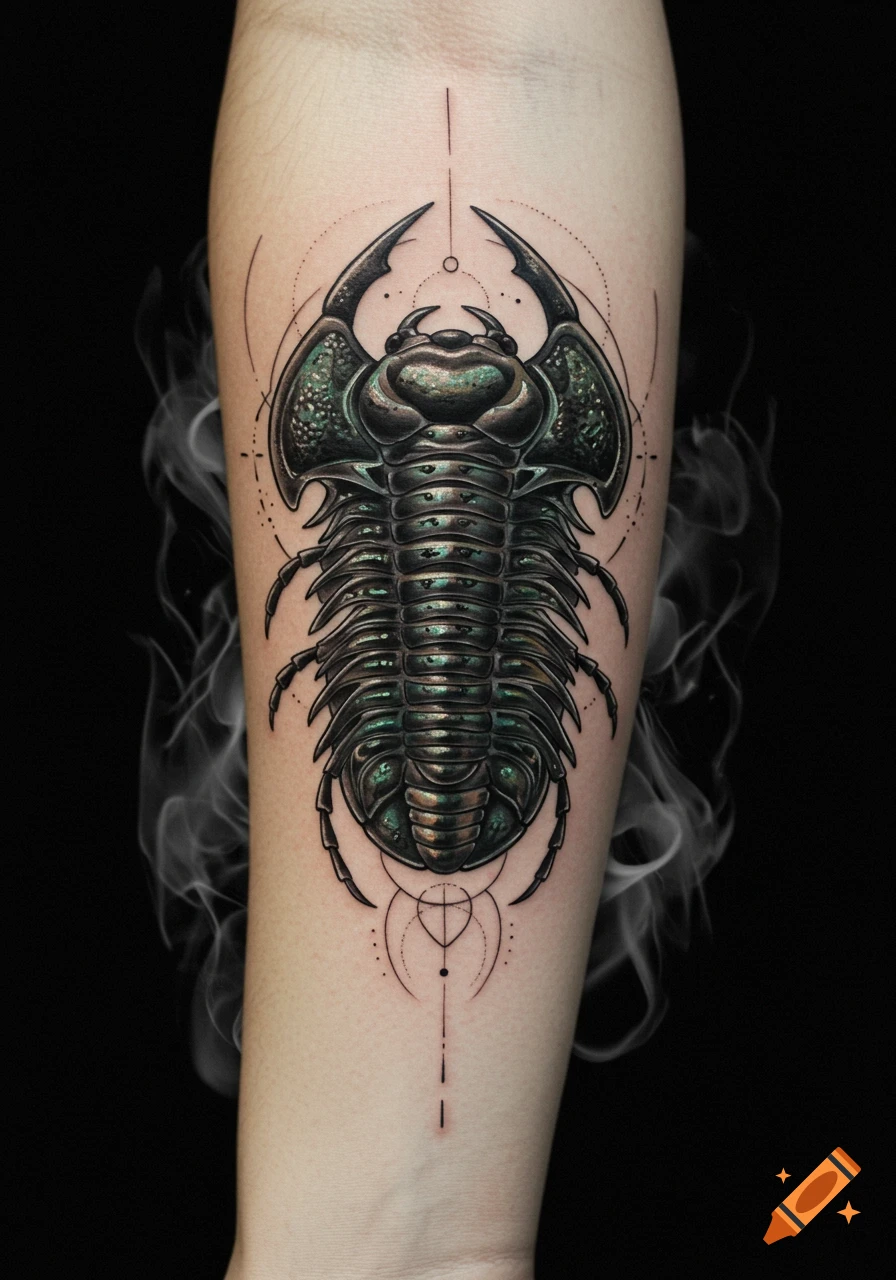 A detailed tattoo of a trilobite beetle with geometric patterns and smoke on a person's forearm.