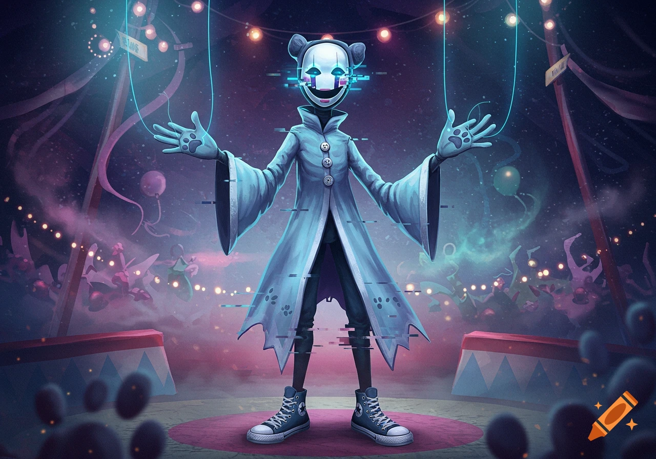A stylized digital art image of a puppet character with a mask-like face, long robe, and Converse shoes, standing in a surreal, glowing circus.
