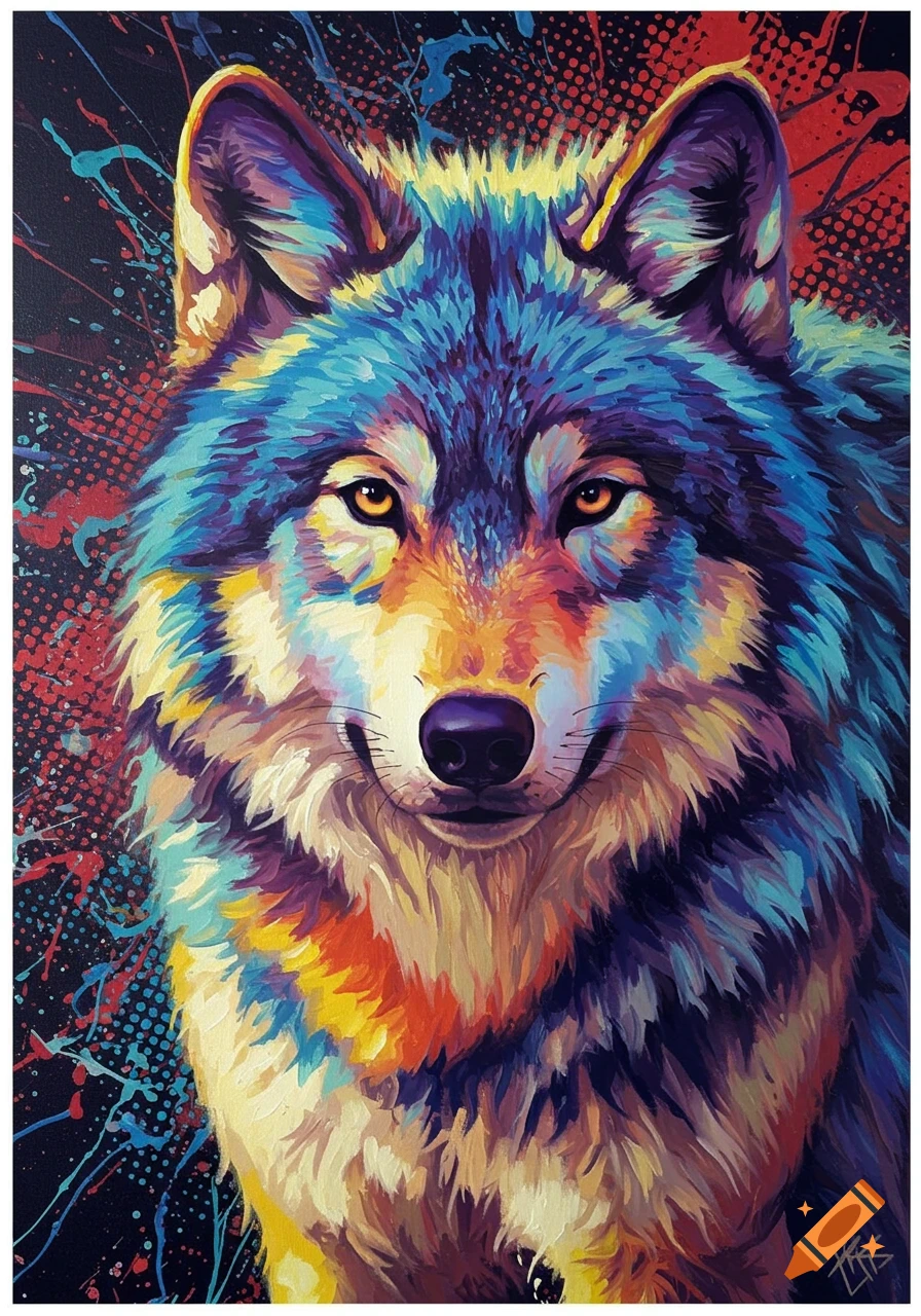 A vibrant, colorful pop art painting of a wolf's head with splashes of color in the background.