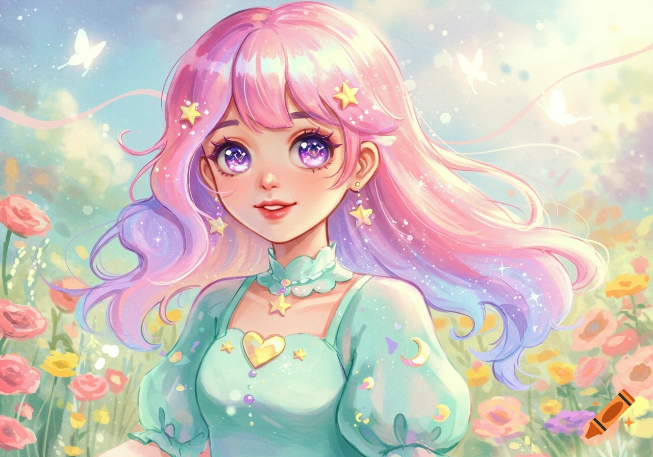 A pastel anime girl with pink and purple hair and star accessories stands in a bright, whimsical flower field with butterflies.