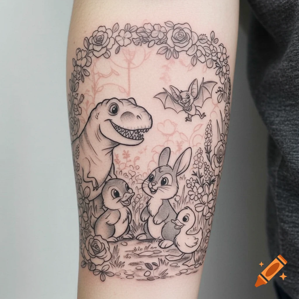Black-and-grey forearm tattoo of a whimsical garden with a T-Rex, bunny, bat, and two ducklings.