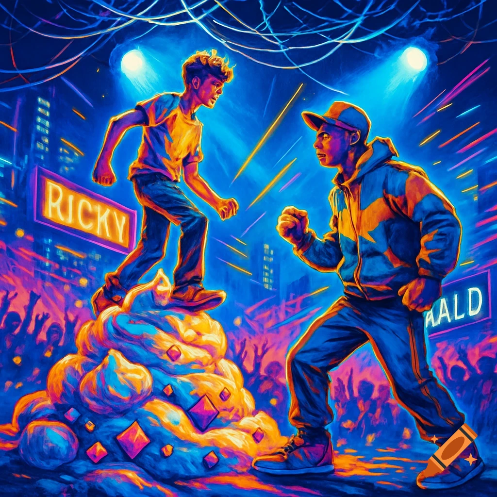 A vibrant digital illustration of two young men facing each other. One stands on a large, colorful, whipped cream-like mound. Neon lights and city buildings glow in the background.