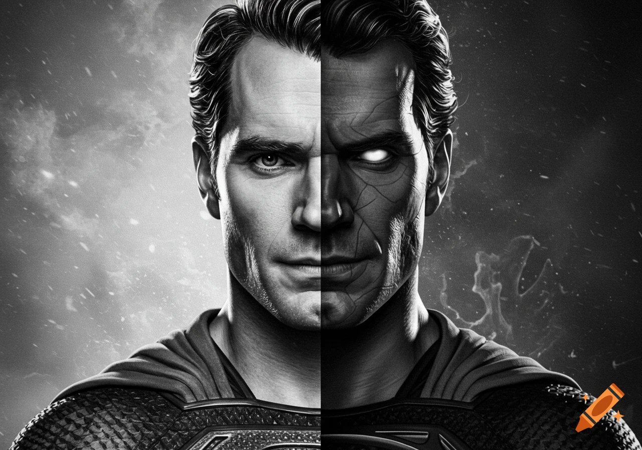 Grayscale split face portrait of Superman, one half normal, the other half cracked with glowing eyes.