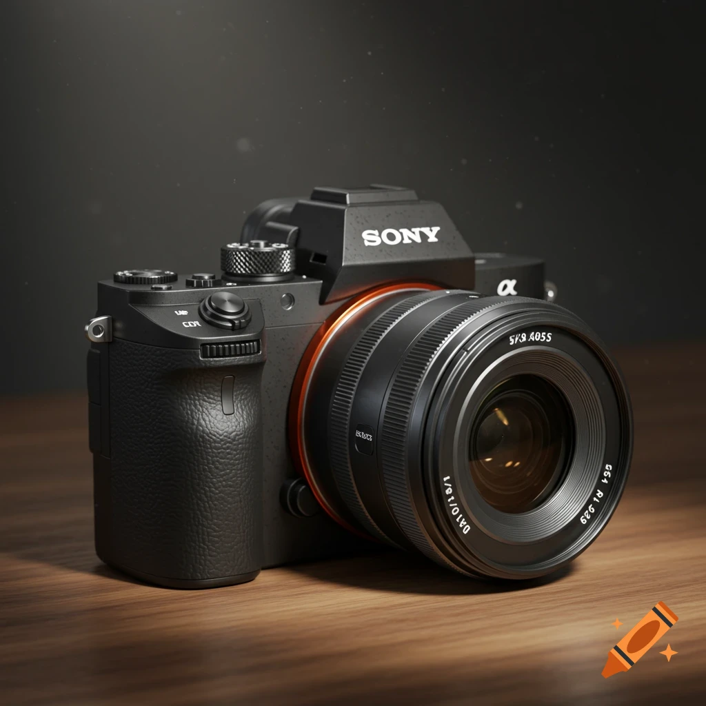 Photorealistic image of a black Sony mirrorless camera with a lens, on a wooden table.