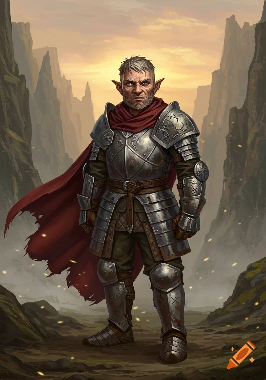 A grizzled gnome in full plate armor and a red cape stands in a rocky, mountainous landscape under an orange sky, digital painting.
