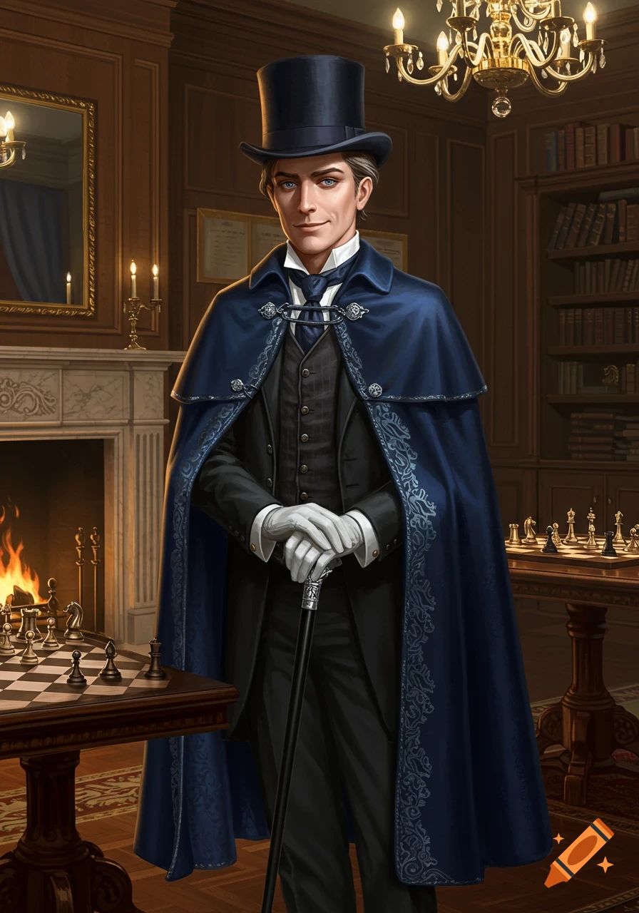 A distinguished man in a top hat, blue cloak, and white gloves stands with a cane in an elegant study.