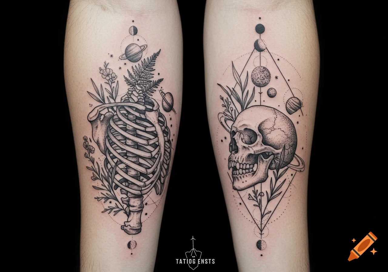 Two black and white geometric tattoos, one of a ribcage with plants and planets, the other of a skull with plants and planets, on legs.
