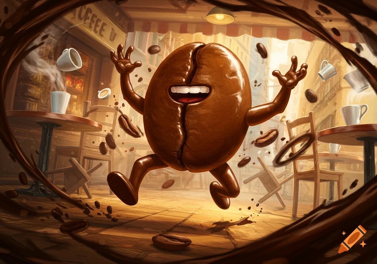 A happy, anthropomorphic coffee bean character jumping in a chaotic coffee shop with flying cups and beans, in a vibrant cartoon style.