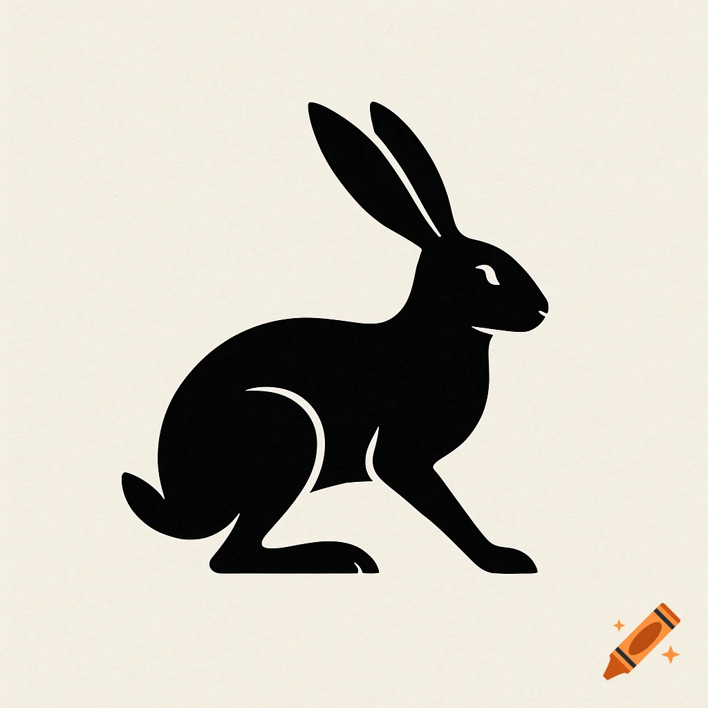 A minimalist black silhouette of a hare or rabbit on a light, plain background.