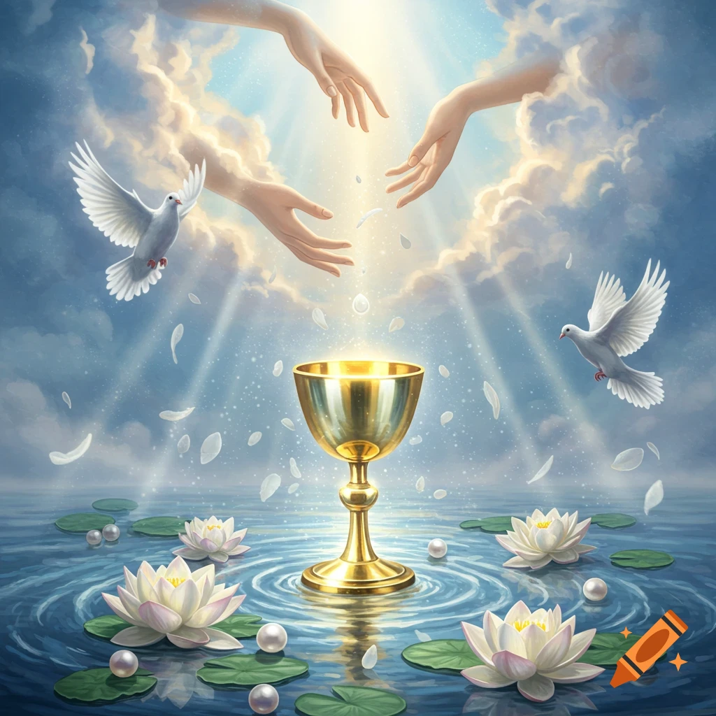 Ethereal hands bless a golden chalice in a tranquil pool surrounded by lotus flowers, doves, and pearls, in a spiritual style.
