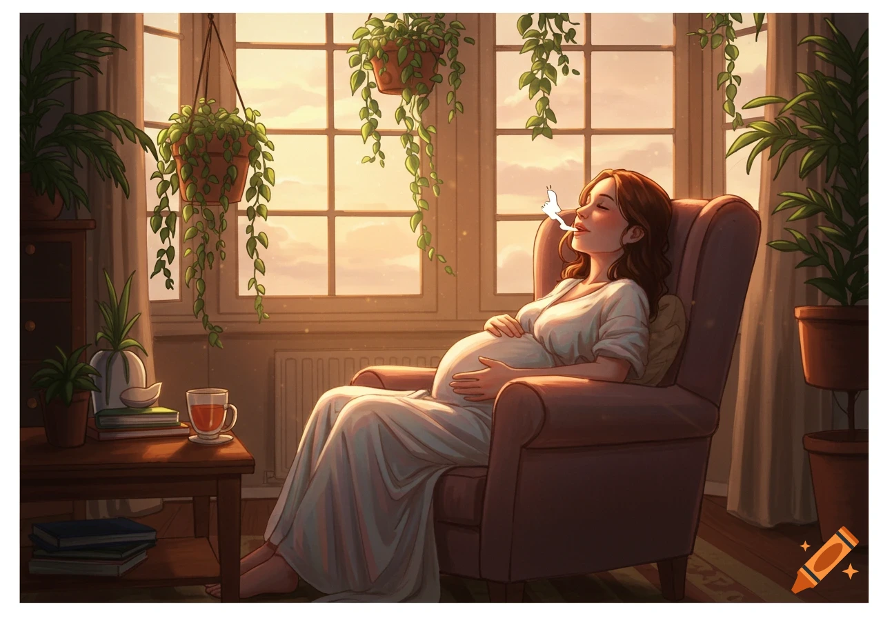 An illustration of a pregnant woman relaxing in an armchair by a window, exhaling smoke, surrounded by houseplants.