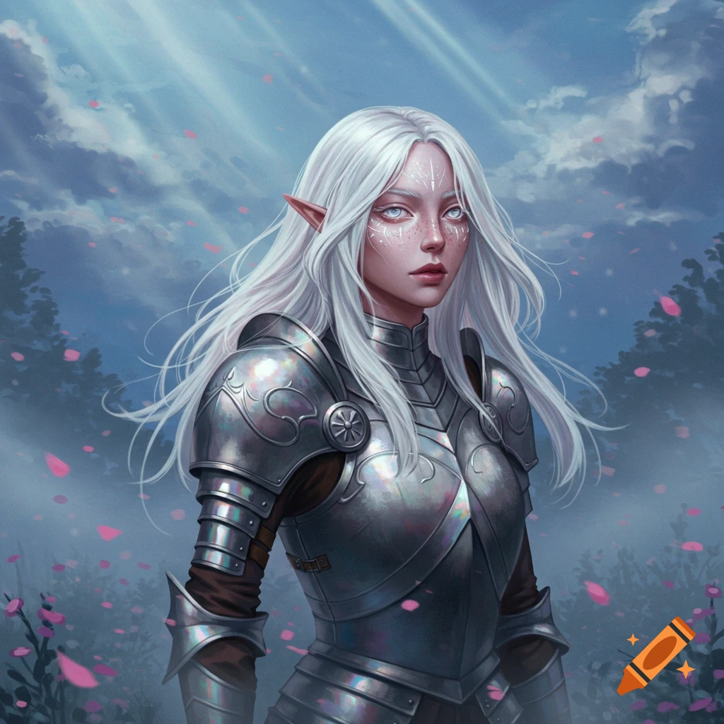 A white-haired paladin woman with pointed ears and pale, pupilless eyes, wearing ornate silver armor amidst a magical forest with falling pink petals.