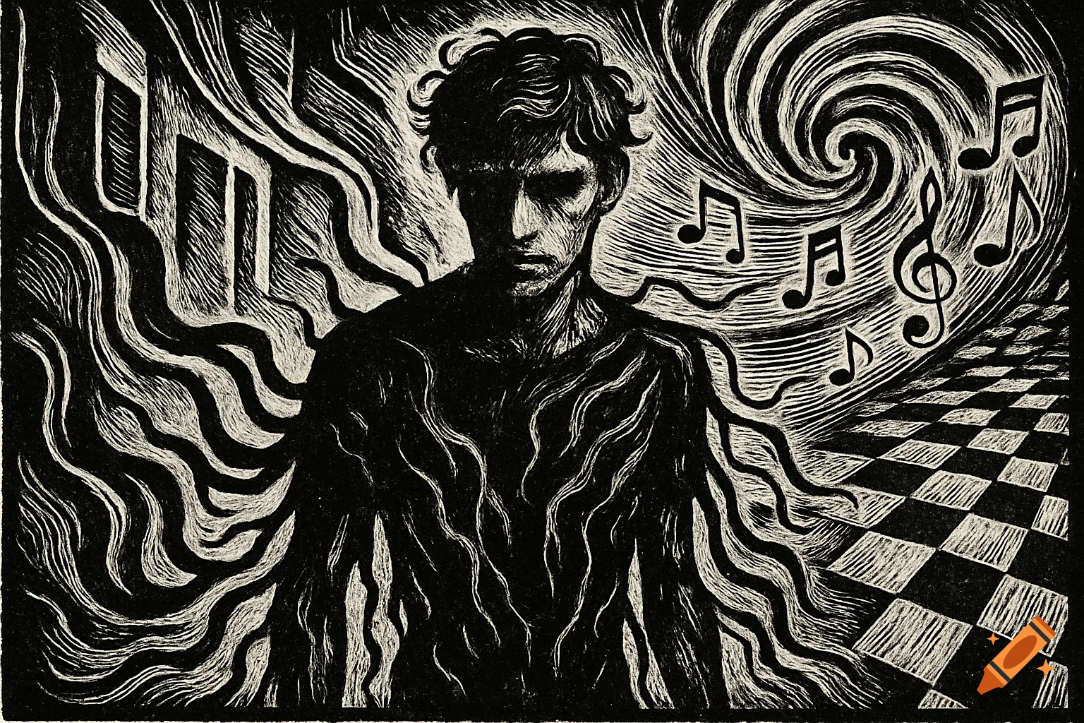 Black and white lino print of a distraught man with swirling lines, musical notes, and a checkered floor.