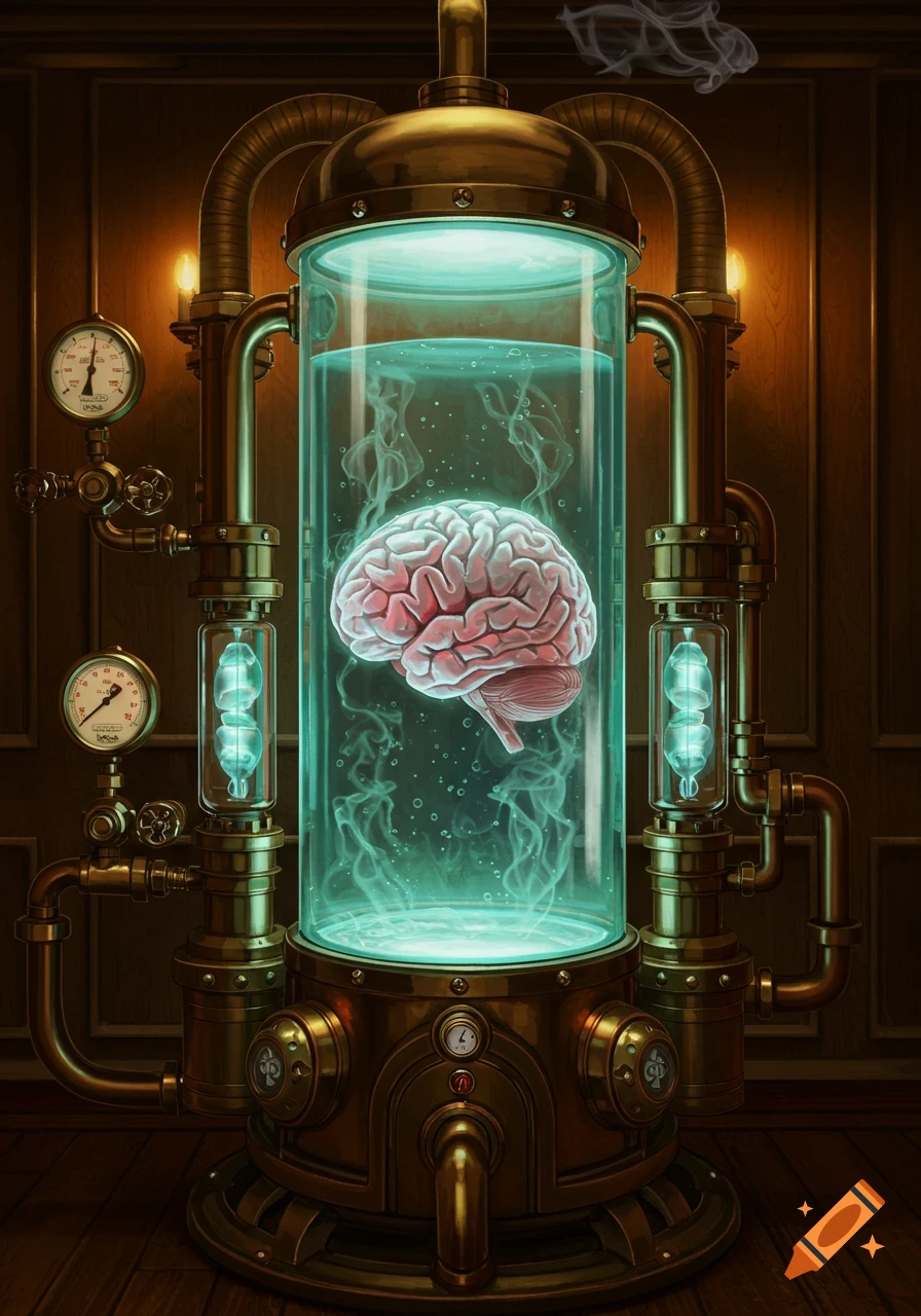 A human brain floats in a glowing turquoise liquid inside a large glass cylinder, part of an intricate steampunk apparatus with brass pipes and gauges.