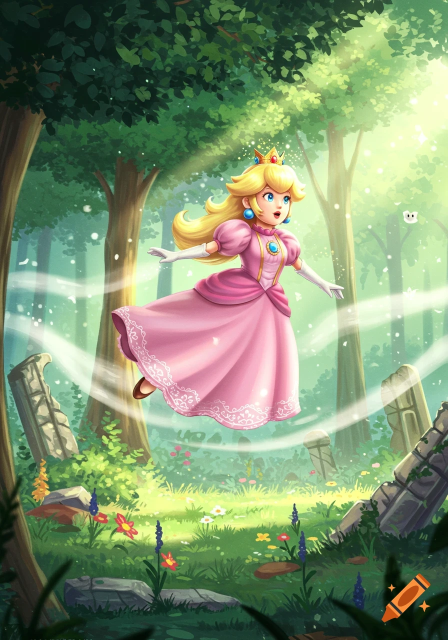 Princess Peach hovers in an enchanted forest, surrounded by light rays and ancient ruins, in a vibrant illustration.