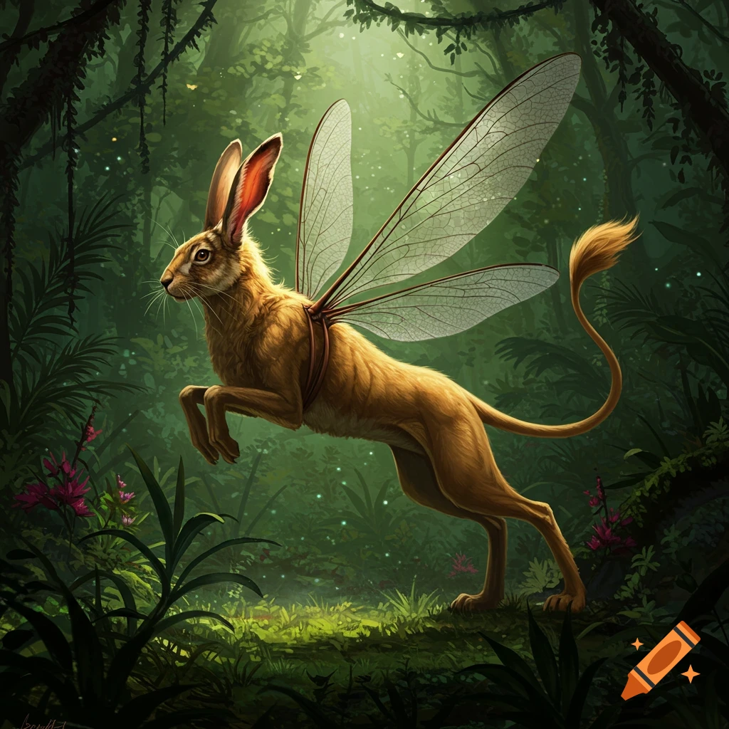 A fantastical winged hare with a long lion's tail leaps through a lush, sun-dappled jungle.