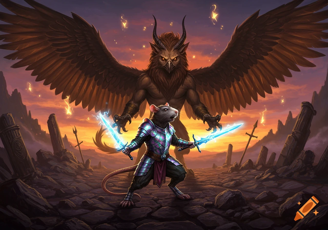 An armored rat warrior with glowing swords stands before a large horned winged creature in a desolate, ruined landscape at sunset, fantasy art.