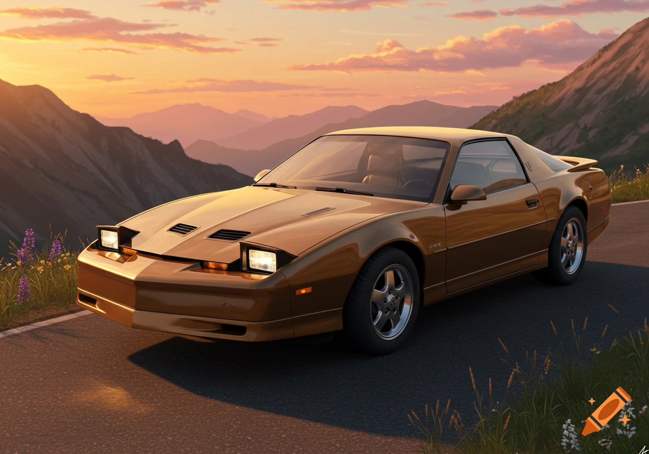 A gold classic American sports car, resembling a Pontiac Firebird, is parked on a scenic mountain road at sunset.