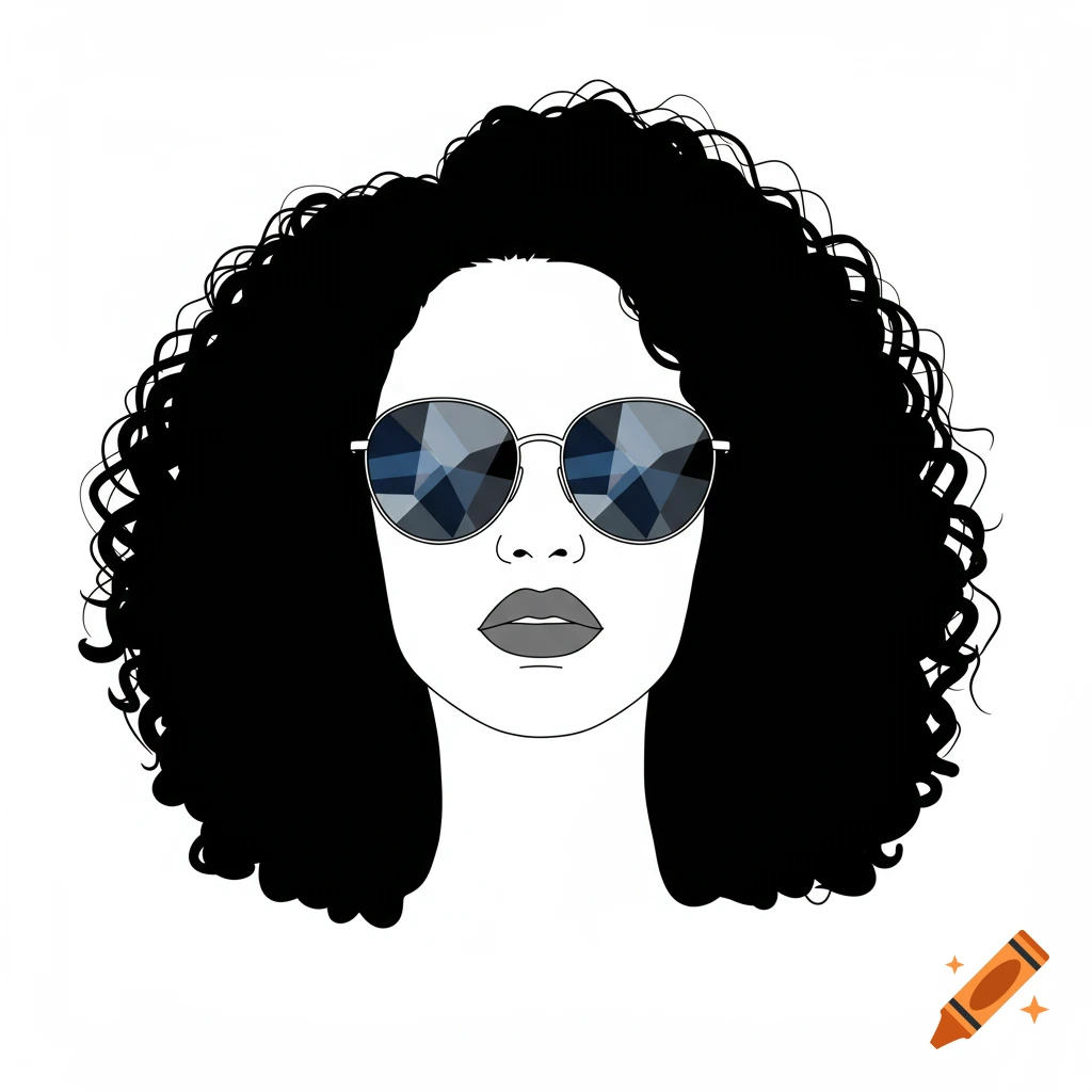 Stylized black outline illustration of a woman's face with curly hair and reflective sunglasses.