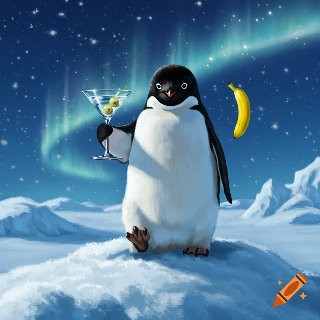 A cartoon penguin stands on snowy ground under the Northern Lights, holding a martini. A yellow banana floats beside it.