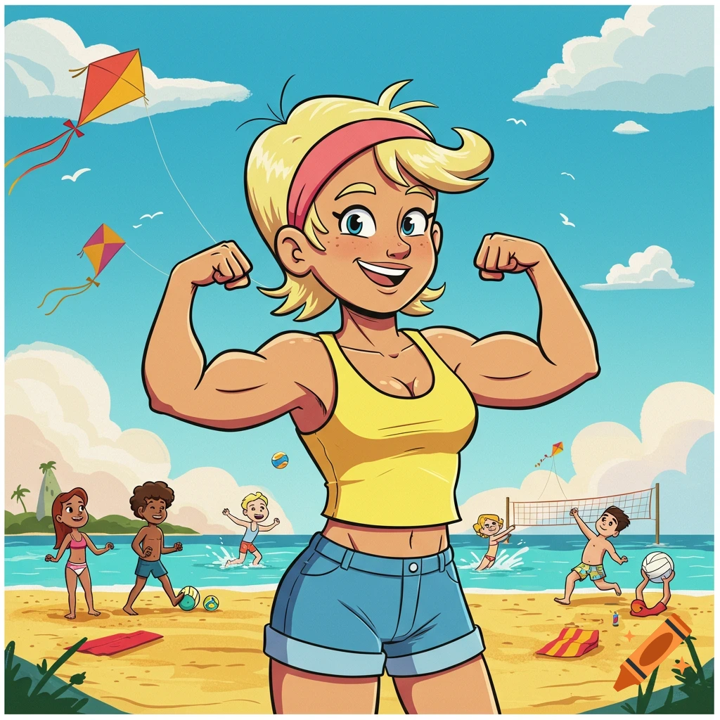 A cartoon woman with blonde hair and a yellow top flexes her biceps on a beach with other people, kites, and a volleyball net.