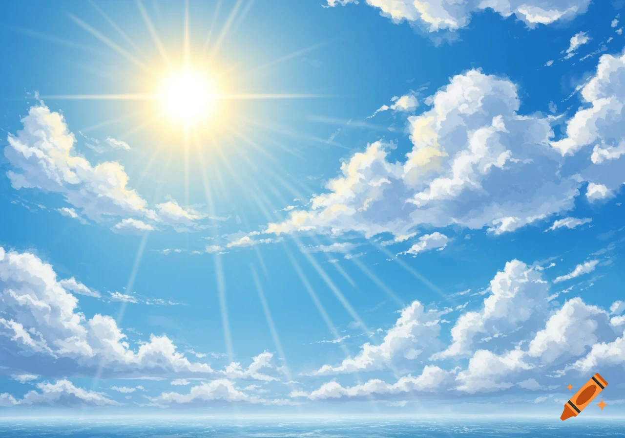 A vibrant blue sky with a bright sun radiating light, fluffy white clouds, and a calm ocean stretching to the horizon, in an anime style.