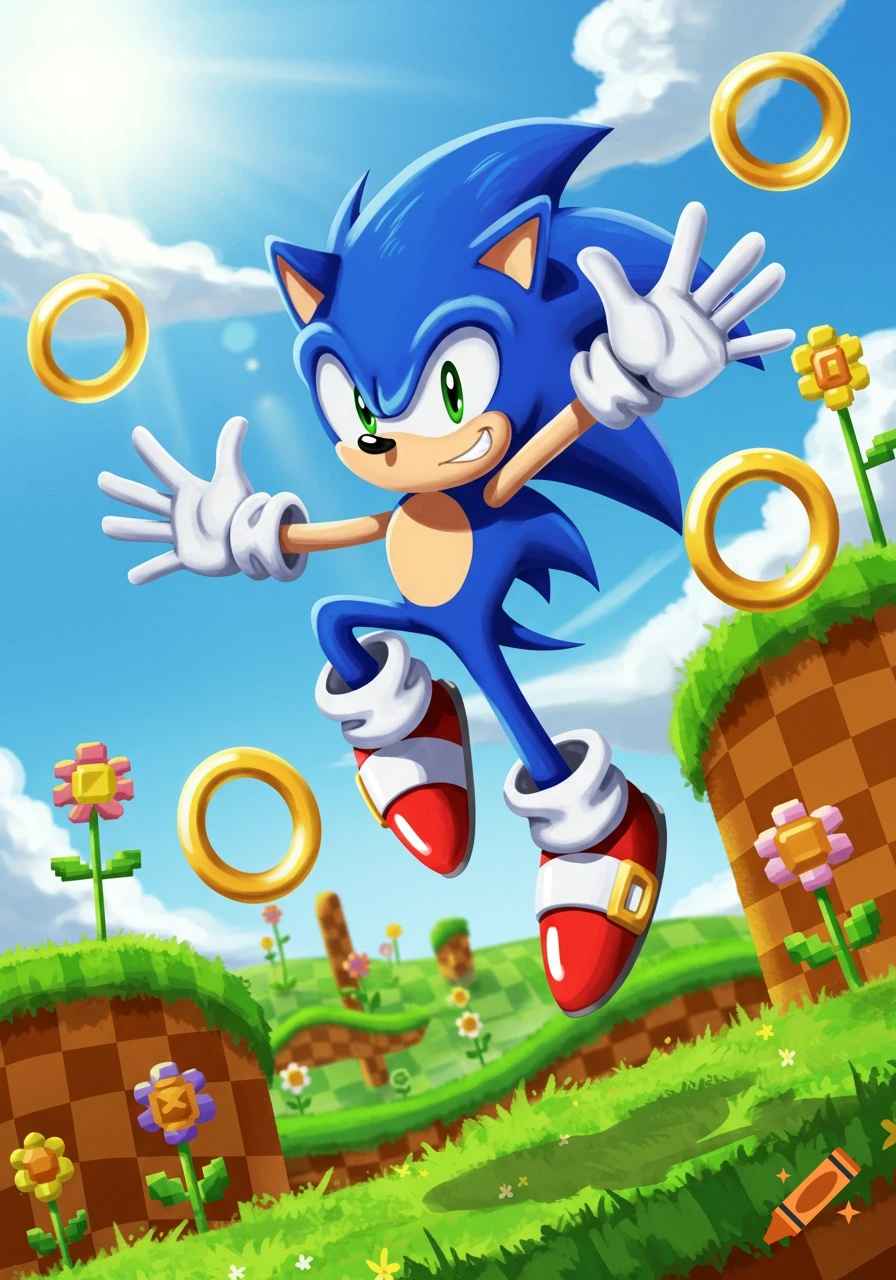 Sonic the Hedgehog jumps through a bright, sunny landscape with golden rings and checkerboard hills in a vibrant cartoon style.