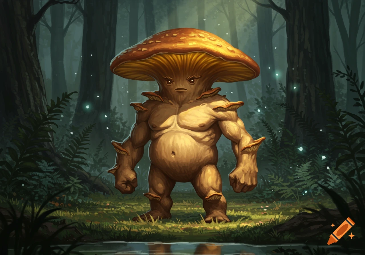 A muscular mushroom creature stands in a dark, glowing forest, digital painting.