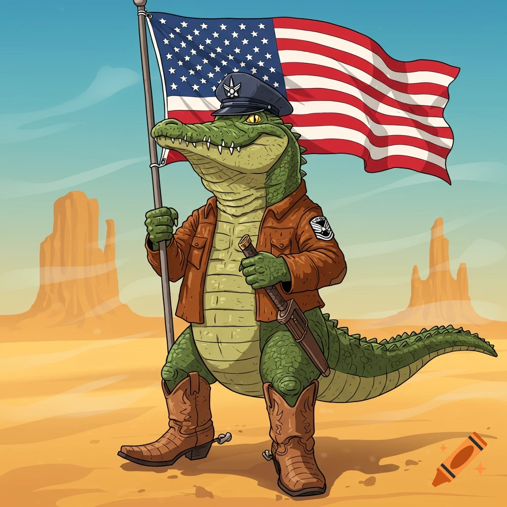 A cartoon alligator in an Air Force hat, brown jacket, and cowboy boots stands in a desert holding an American flag.