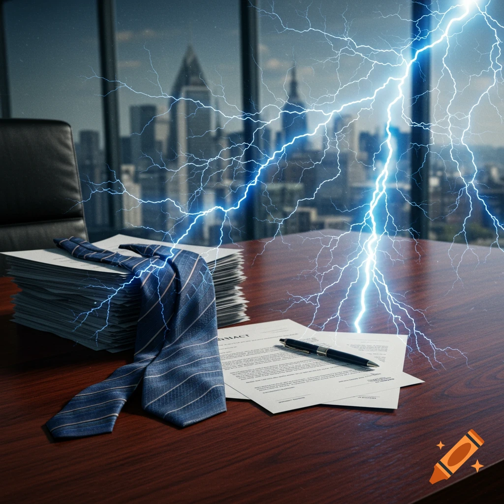 A business tie, stack of papers, and a pen on a wooden desk in an office with a lightning bolt striking through the window overlooking a cityscape.