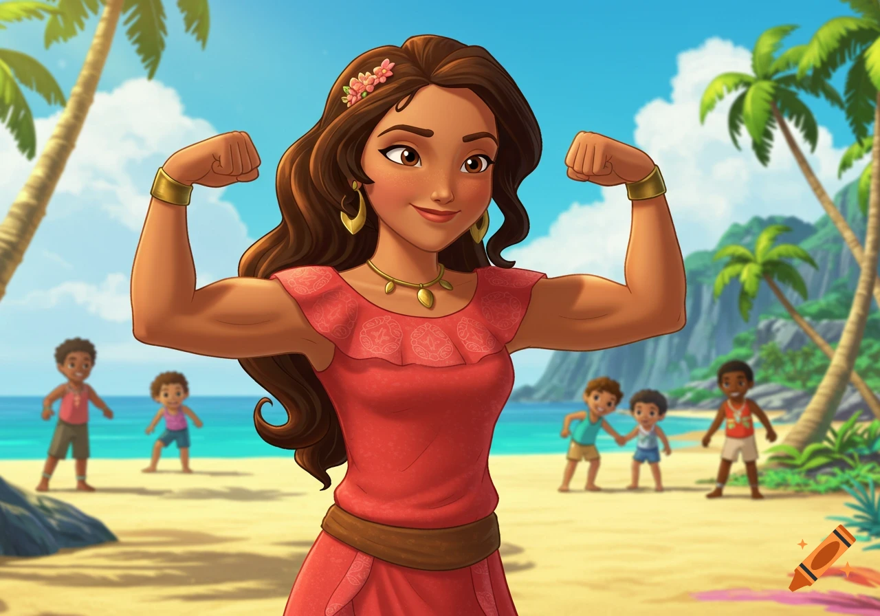 Cartoon of Elena of Avalor flexing her strong biceps on a sunny beach, with palm trees and children in the background.