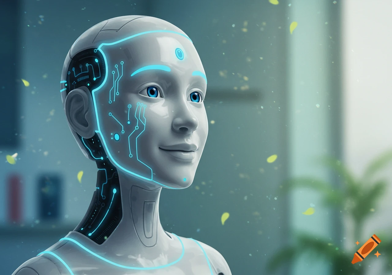 Close-up of a friendly humanoid robot with blue glowing circuitry on its head and neck, smiling softly and looking to the right.