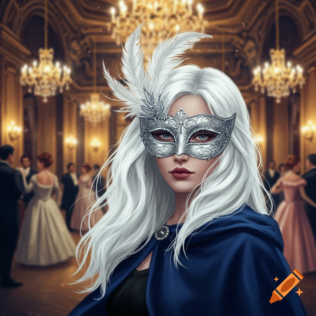 A white-haired woman in a silver masquerade mask and blue cape stands in an ornate ballroom.