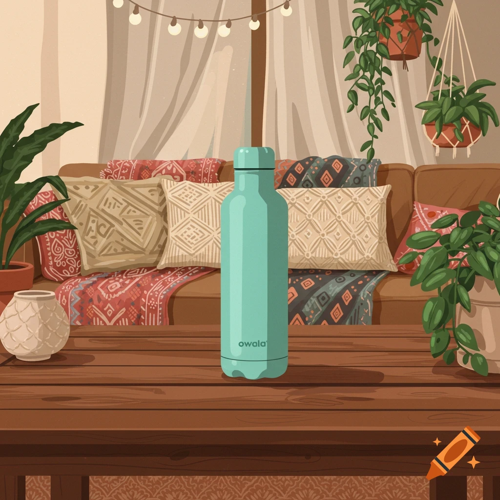 A light blue Owala water bottle on a rustic wooden table in a bohemian living room with plants, cushions, and string lights. Illustration.