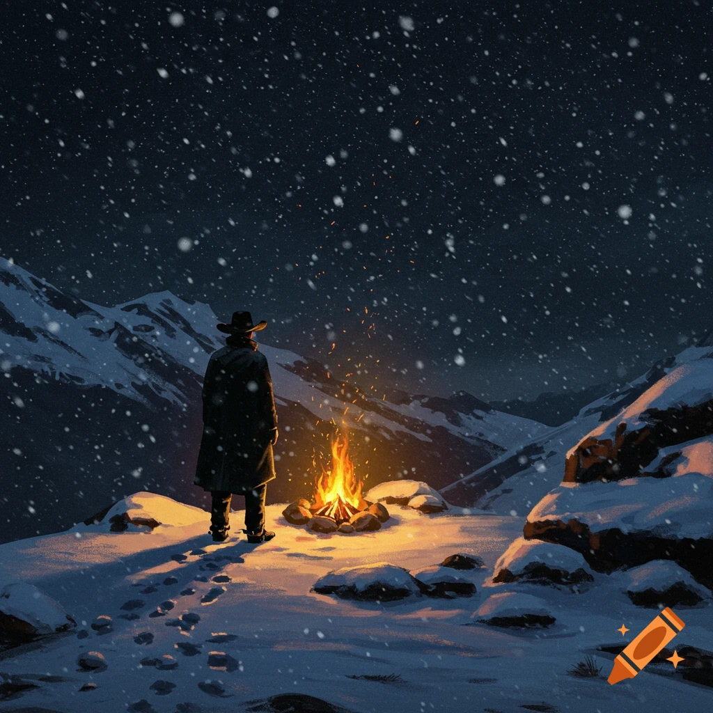 A cowboy in a dark coat stands by a glowing campfire in a snowy mountain landscape at night.
