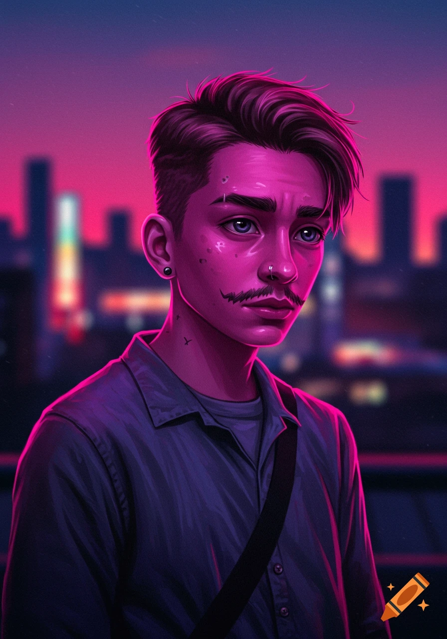 Stylized portrait of a young person with pink hair and mustache, against a purple and pink neon cityscape.