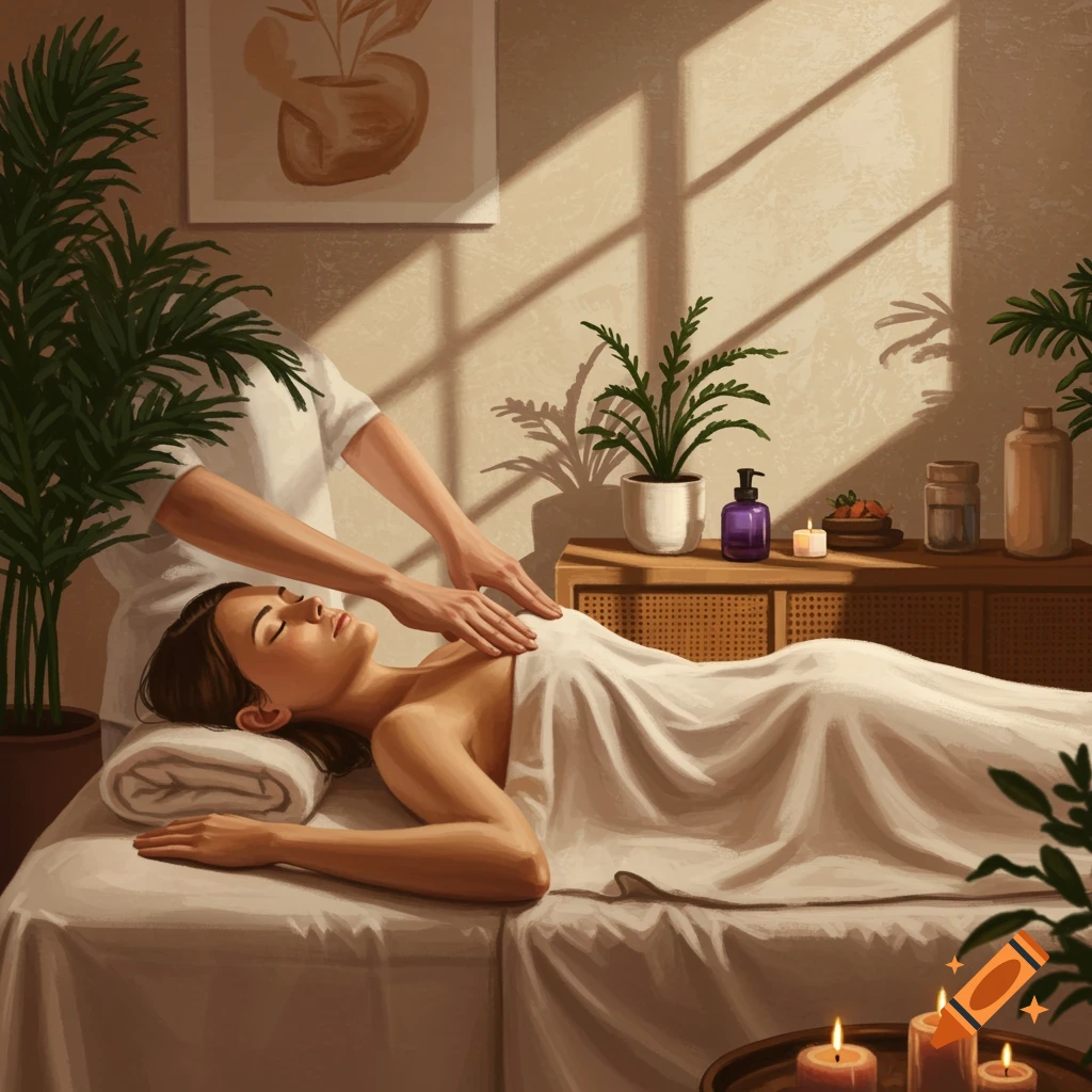 A woman lies on a massage table under a white sheet, receiving a massage from another person in a sunlit spa room with plants.